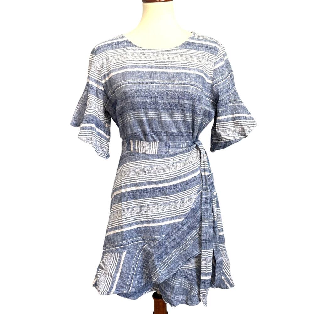 EXPRESS Striped Linen Faux Wrap Ruffle Mini Dress Coastal Euro Summer Large